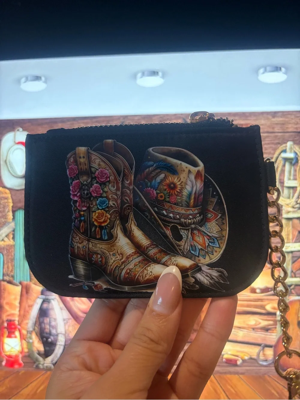 Western Floral Cowboy Boots & Hat Wristlet - Black